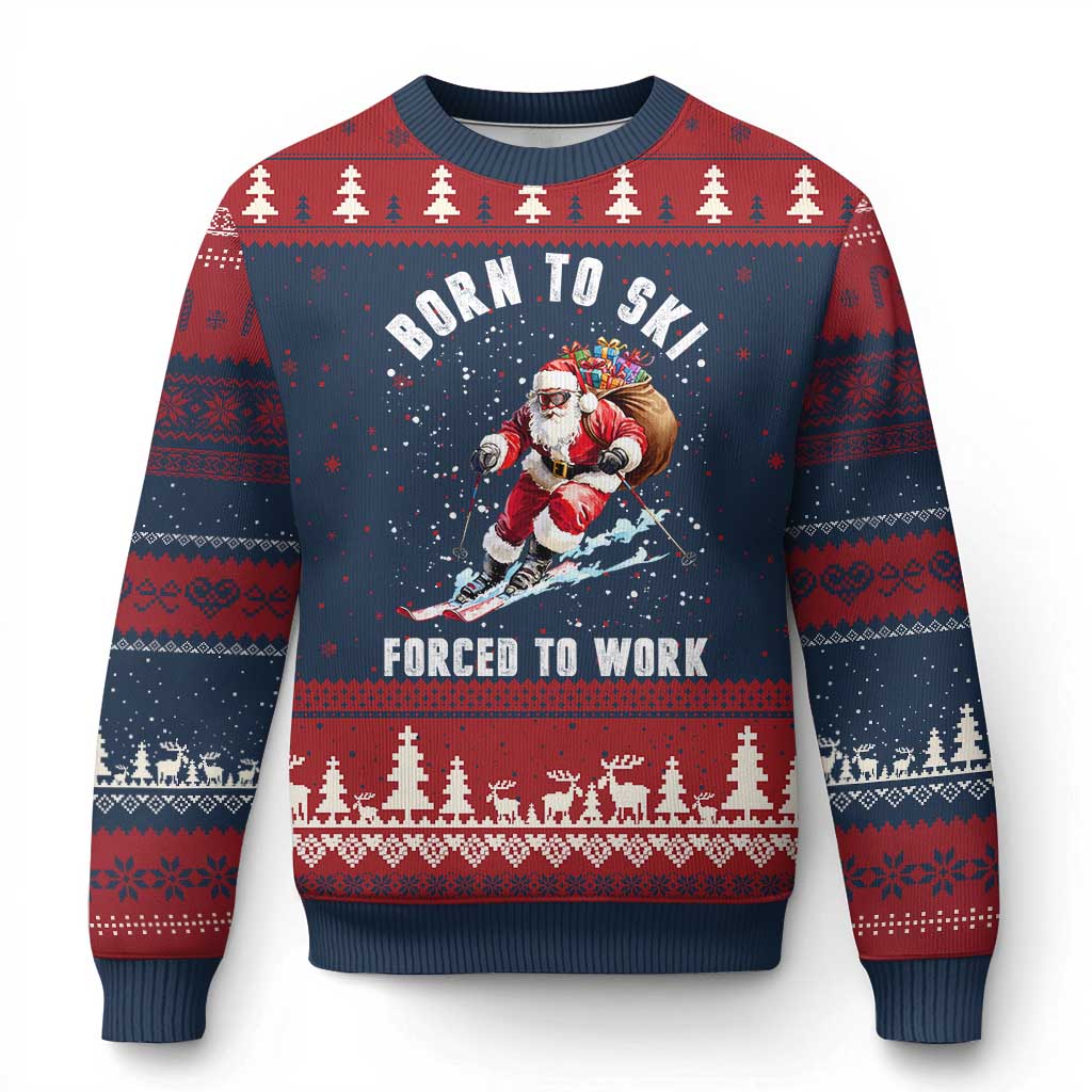 Skiing Santa Xmas Ugly Christmas Sweater Funny Born to Ski Forced to Work TS10 Navy Red Print Your Wear