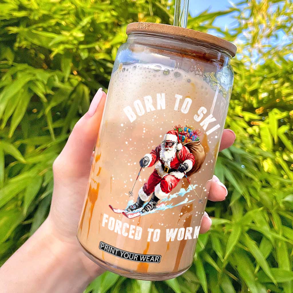 Skiing Santa Christmas Glass Can Funny Born to Ski Forced to Work TS10 Black Print Your Wear