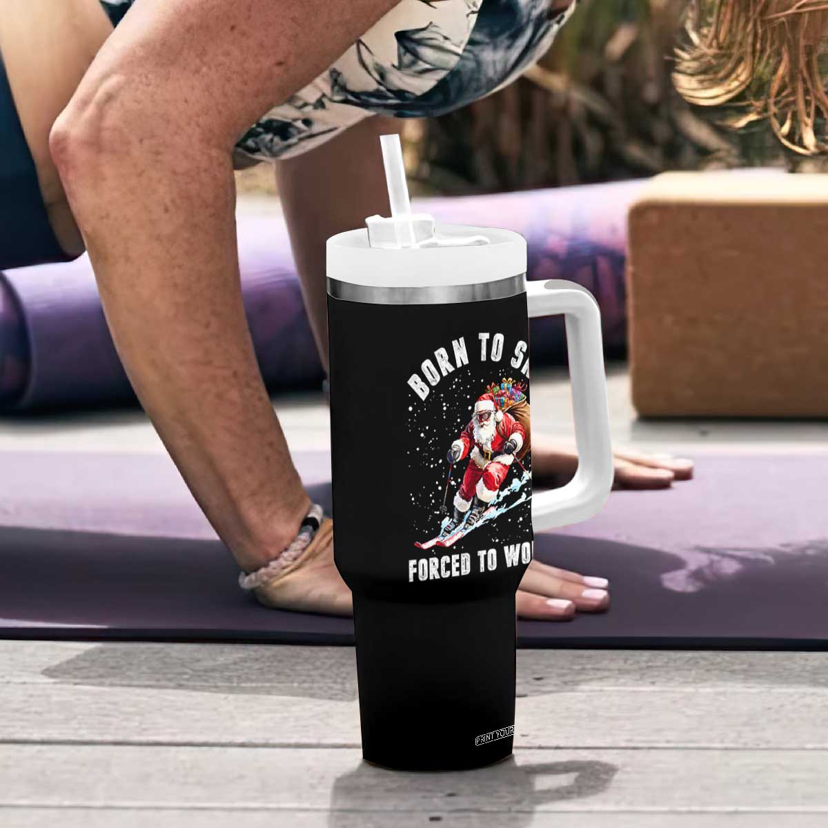 Skiing Santa Christmas Tumbler With Handle Funny Born to Ski Forced to Work TS10 Print Your Wear