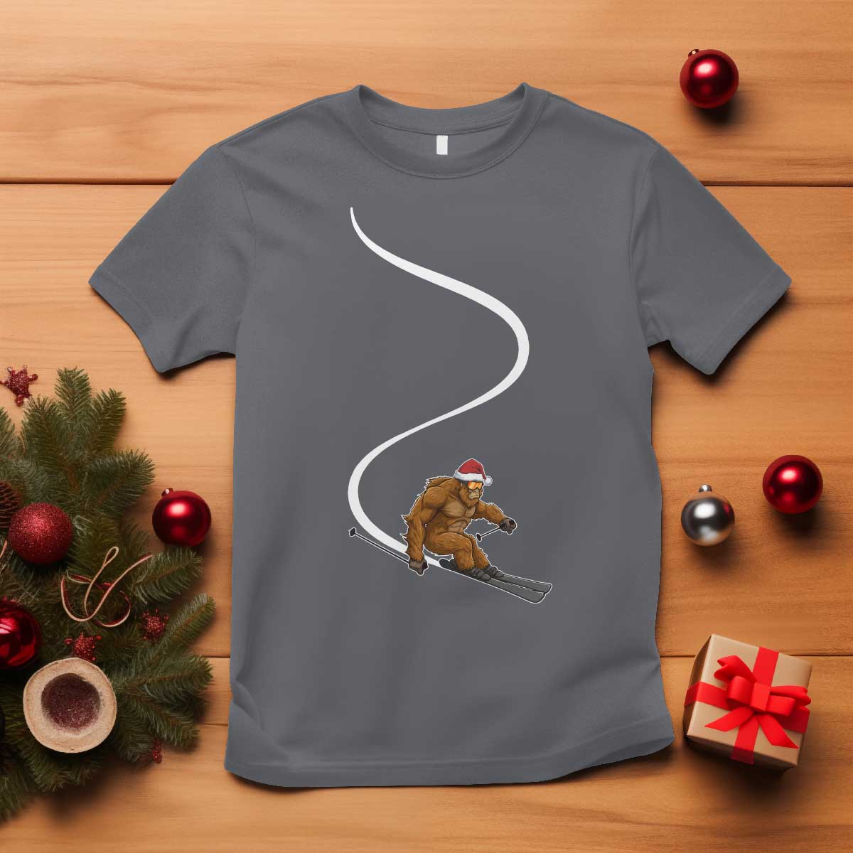 Christmas Bigfoot Skiing T Shirt Funny Santa Sasquatch Ski Lover Mountain Skier Winter Sports TS10 Charcoal Print Your Wear