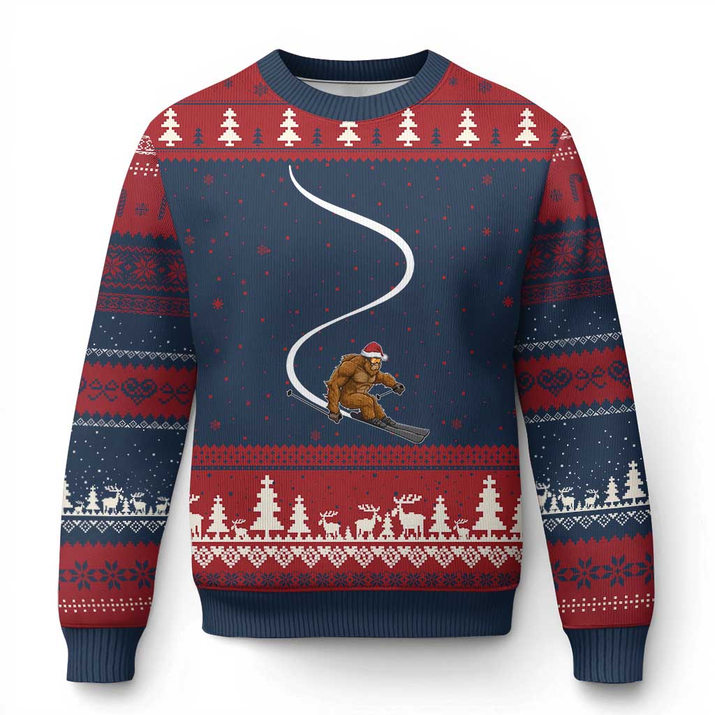 Xmas Bigfoot Skiing Ugly Christmas Sweater Funny Santa Sasquatch Ski Lover Mountain Skier Winter Sports TS10 Navy Red Print Your Wear