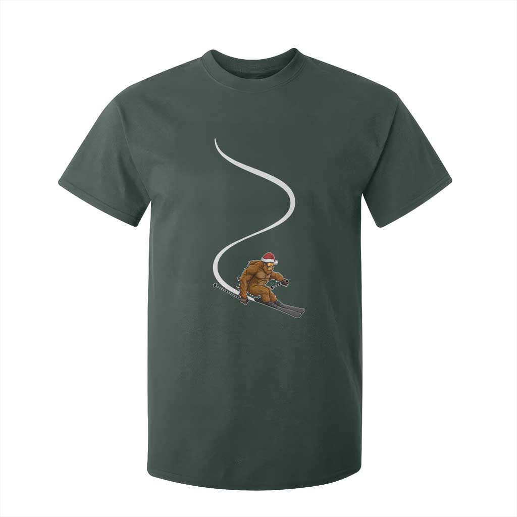 Christmas Bigfoot Skiing T Shirt For Kid Funny Santa Sasquatch Ski Lover Mountain Skier Winter Sports TS10 Dark Forest Green Print Your Wear