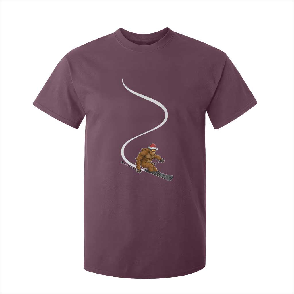 Christmas Bigfoot Skiing T Shirt For Kid Funny Santa Sasquatch Ski Lover Mountain Skier Winter Sports TS10 Maroon Print Your Wear