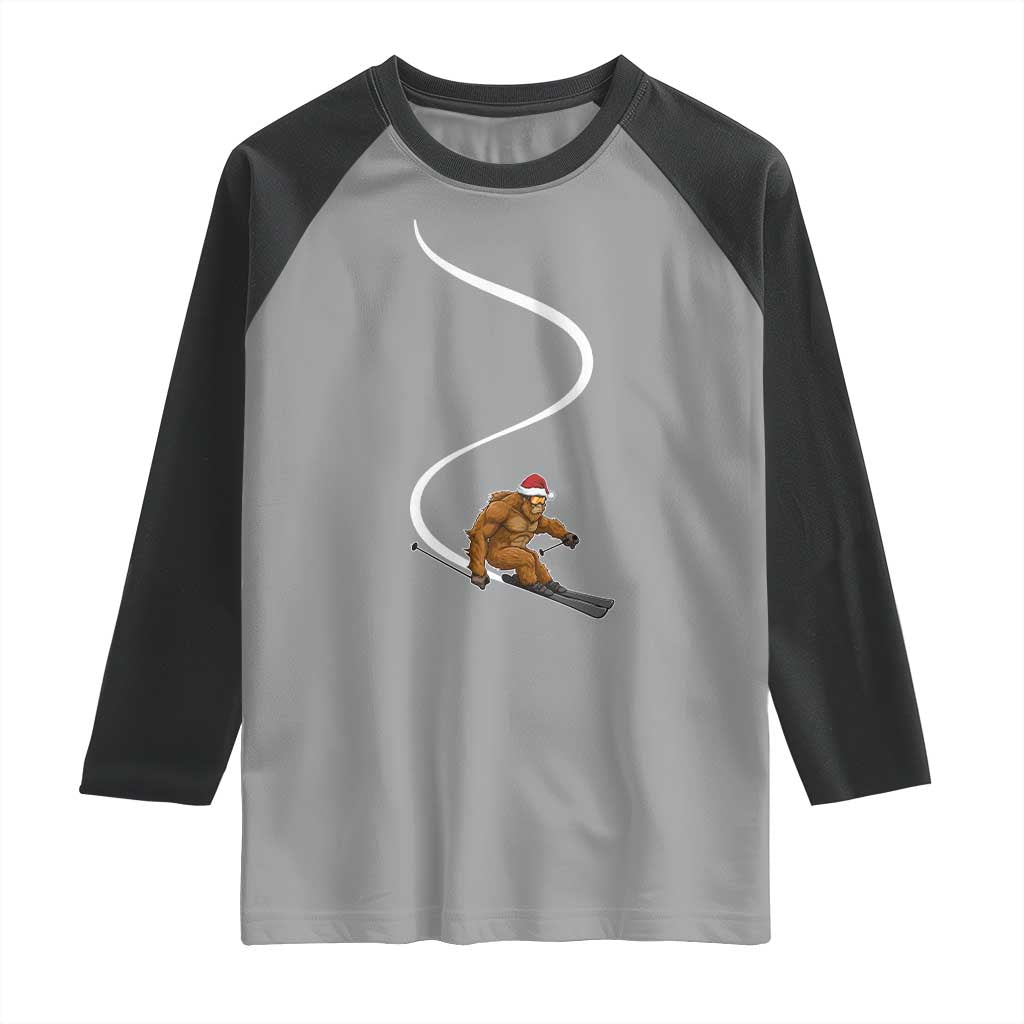 Christmas Bigfoot Skiing Raglan Shirt Funny Santa Sasquatch Ski Lover Mountain Skier Winter Sports TS10 Sport Gray Black Print Your Wear