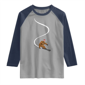 Christmas Bigfoot Skiing Raglan Shirt Funny Santa Sasquatch Ski Lover Mountain Skier Winter Sports TS10 Sport Gray Navy Print Your Wear
