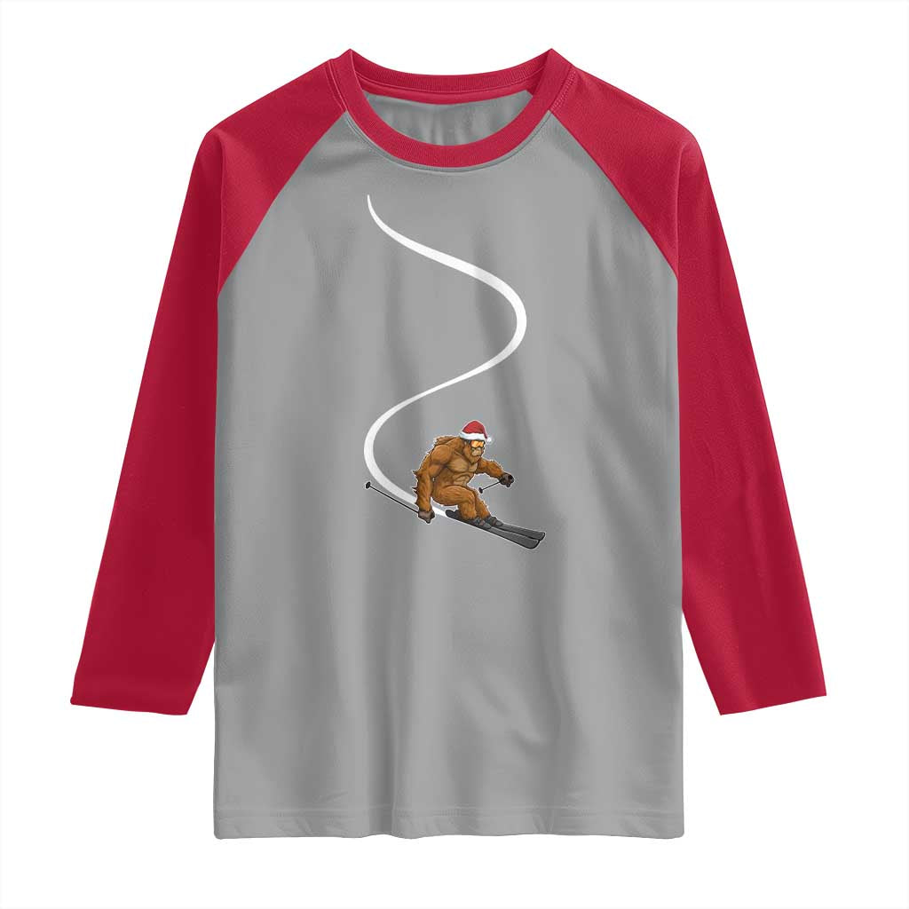 Christmas Bigfoot Skiing Raglan Shirt Funny Santa Sasquatch Ski Lover Mountain Skier Winter Sports TS10 Sport Gray Red Print Your Wear