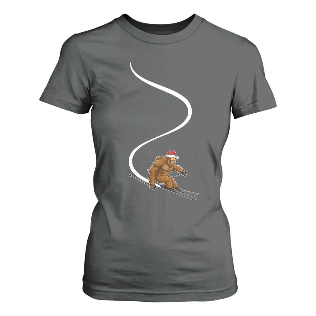 Christmas Bigfoot Skiing T Shirt For Women Funny Santa Sasquatch Ski Lover Mountain Skier Winter Sports TS10 Dark Heather Print Your Wear