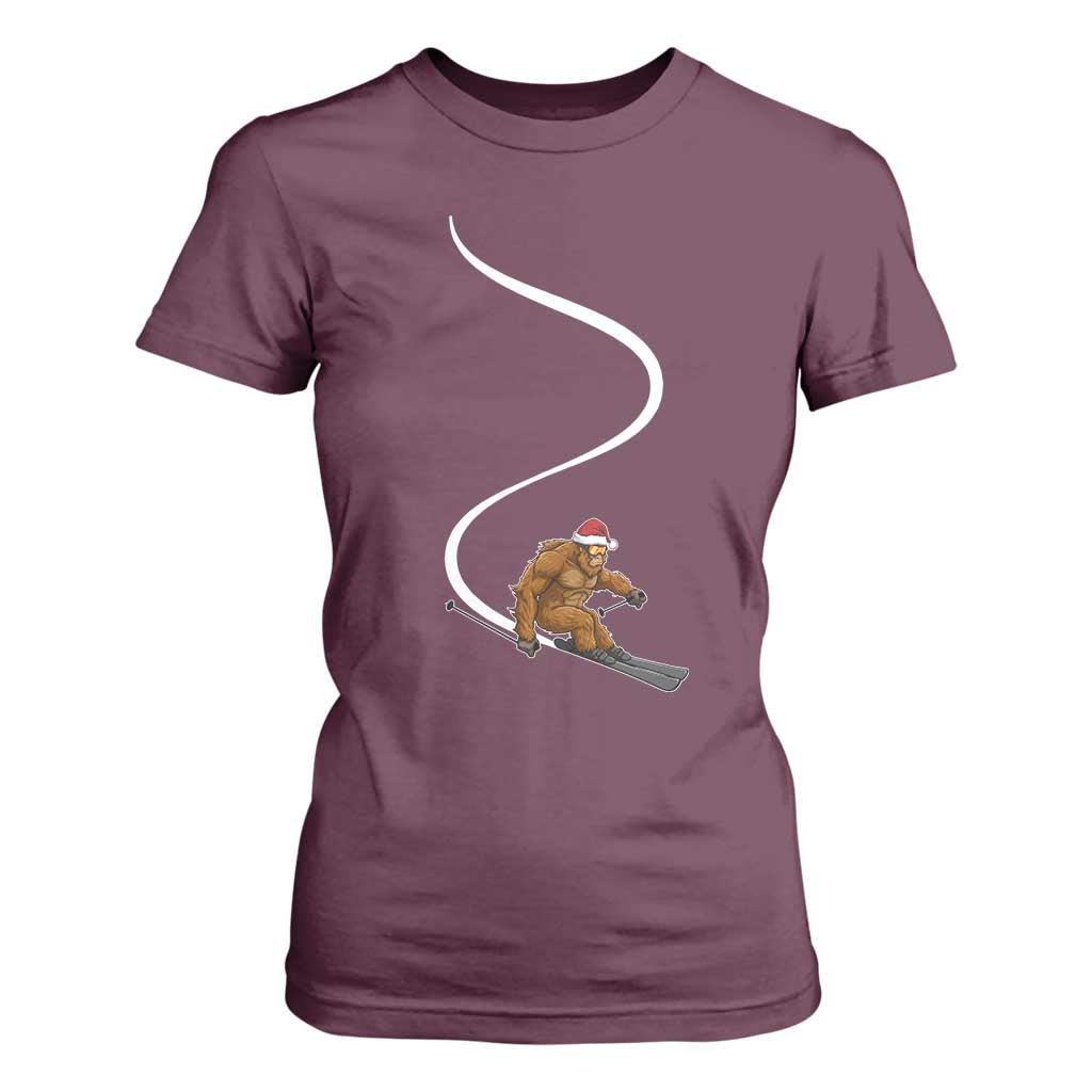 Christmas Bigfoot Skiing T Shirt For Women Funny Santa Sasquatch Ski Lover Mountain Skier Winter Sports TS10 Maroon Print Your Wear