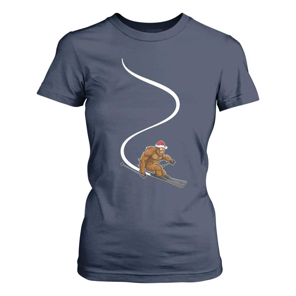 Christmas Bigfoot Skiing T Shirt For Women Funny Santa Sasquatch Ski Lover Mountain Skier Winter Sports TS10 Navy Print Your Wear