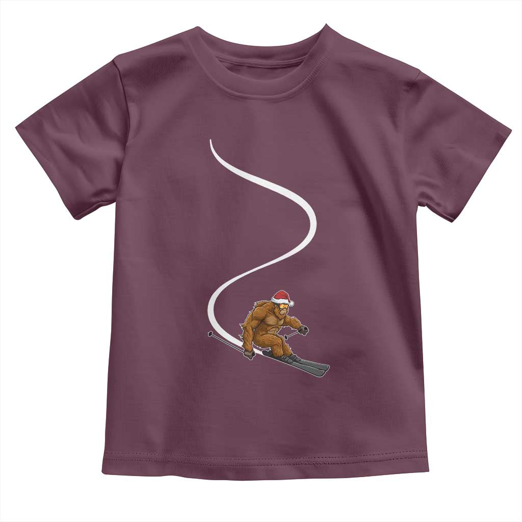 Christmas Bigfoot Skiing Toddler T Shirt Funny Santa Sasquatch Ski Lover Mountain Skier Winter Sports TS10 Maroon Print Your Wear