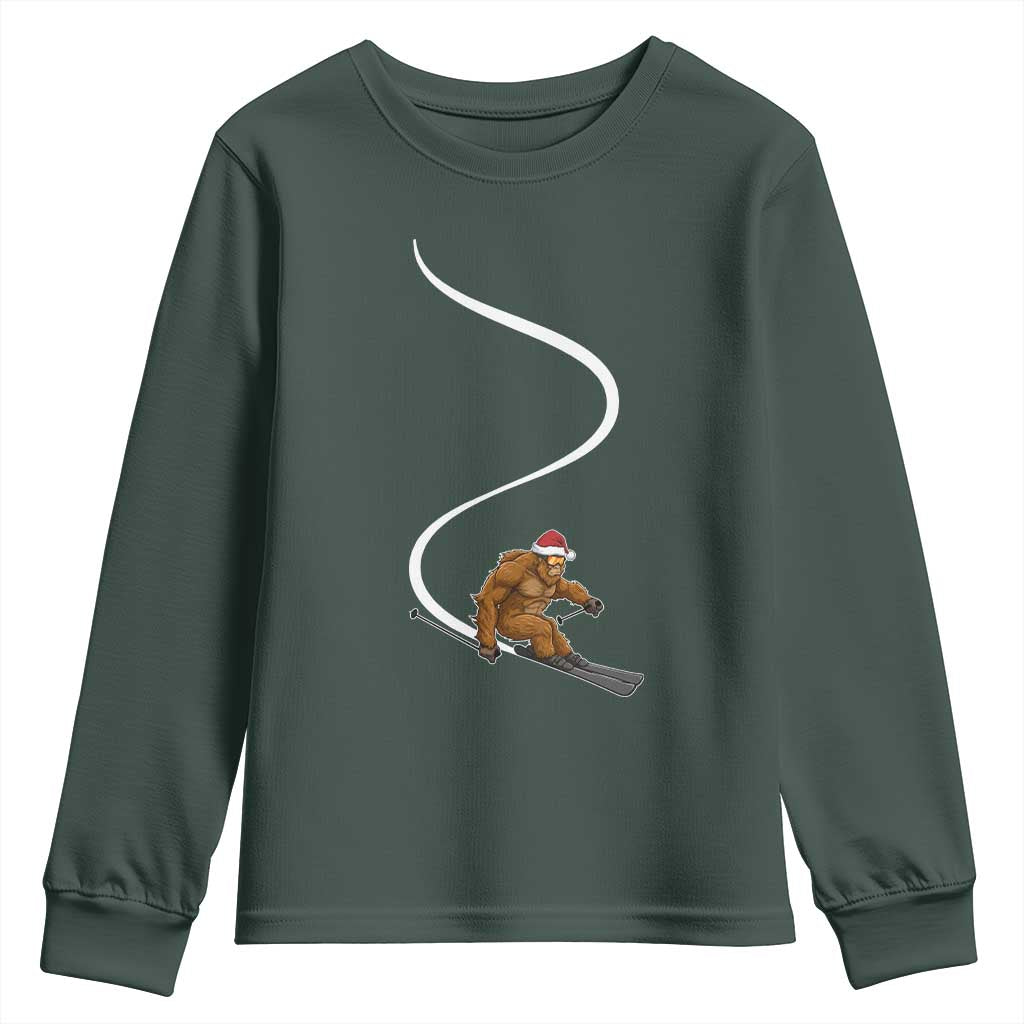 Christmas Bigfoot Skiing Youth Sweatshirt Funny Santa Sasquatch Ski Lover Mountain Skier Winter Sports TS10 Dark Forest Green Print Your Wear