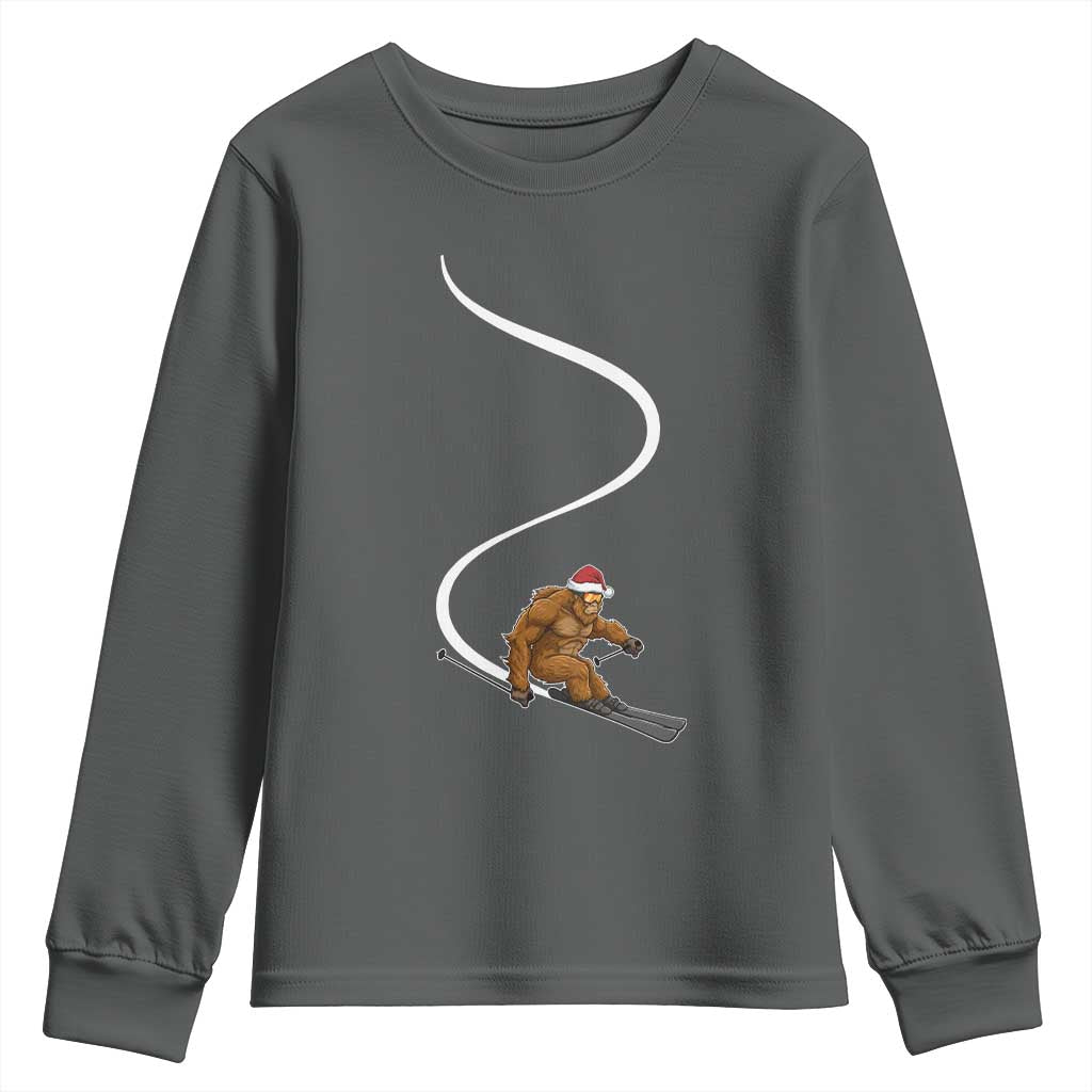 Christmas Bigfoot Skiing Youth Sweatshirt Funny Santa Sasquatch Ski Lover Mountain Skier Winter Sports TS10 Dark Heather Print Your Wear