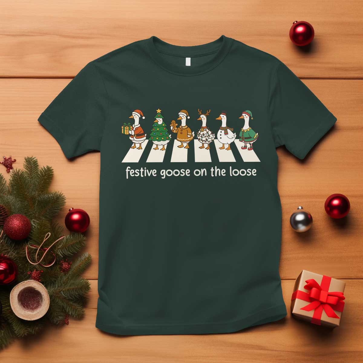 Funny Christmas Goose T Shirt Festive Goose On The Loose Xmas Meme TS10 Dark Forest Green Print Your Wear