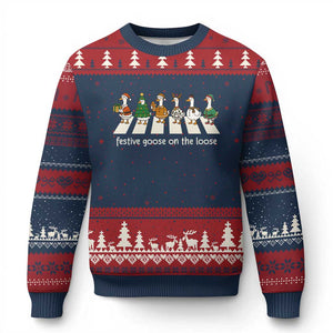 Funny Xmas Goose Ugly Christmas Sweater Festive Goose On The Loose Xmas Meme TS10 Navy Red Print Your Wear