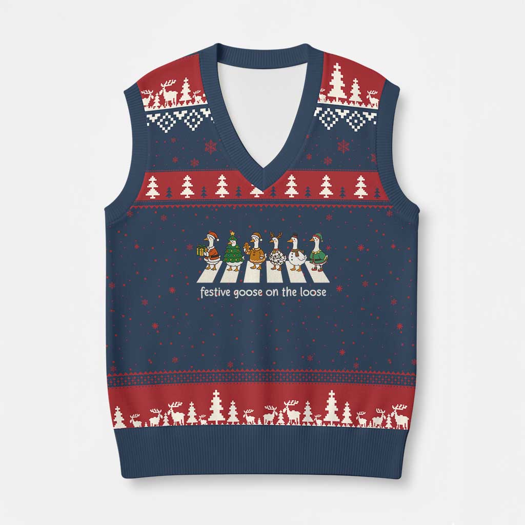 Funny Xmas Goose V-Neck Knit Sweater Vest Festive Goose On The Loose Xmas Meme TS10 Navy Red Print Your Wear