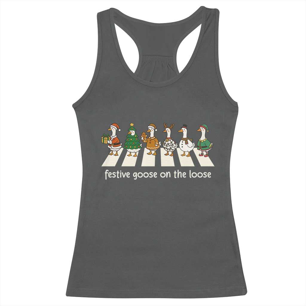 Funny Christmas Goose Racerback Tank Top Festive Goose On The Loose Xmas Meme TS10 Dark Heather Print Your Wear