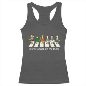 Funny Christmas Goose Racerback Tank Top Festive Goose On The Loose Xmas Meme TS10 Dark Heather Print Your Wear