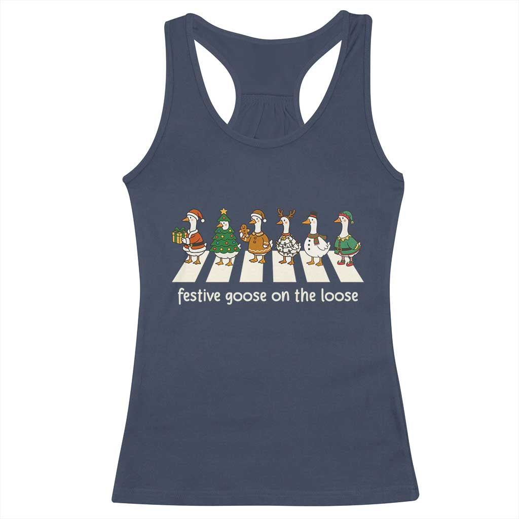 Funny Christmas Goose Racerback Tank Top Festive Goose On The Loose Xmas Meme TS10 Navy Print Your Wear