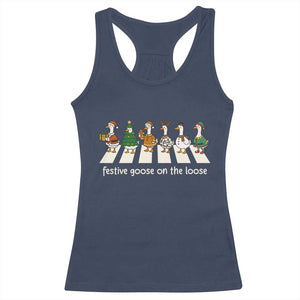 Funny Christmas Goose Racerback Tank Top Festive Goose On The Loose Xmas Meme TS10 Navy Print Your Wear