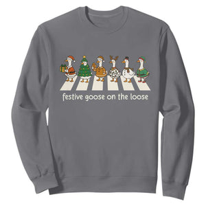 Funny Christmas Goose Sweatshirt Festive Goose On The Loose Xmas Meme TS10 Charcoal Print Your Wear