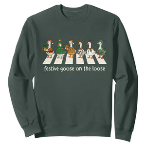 Funny Christmas Goose Sweatshirt Festive Goose On The Loose Xmas Meme TS10 Dark Forest Green Print Your Wear