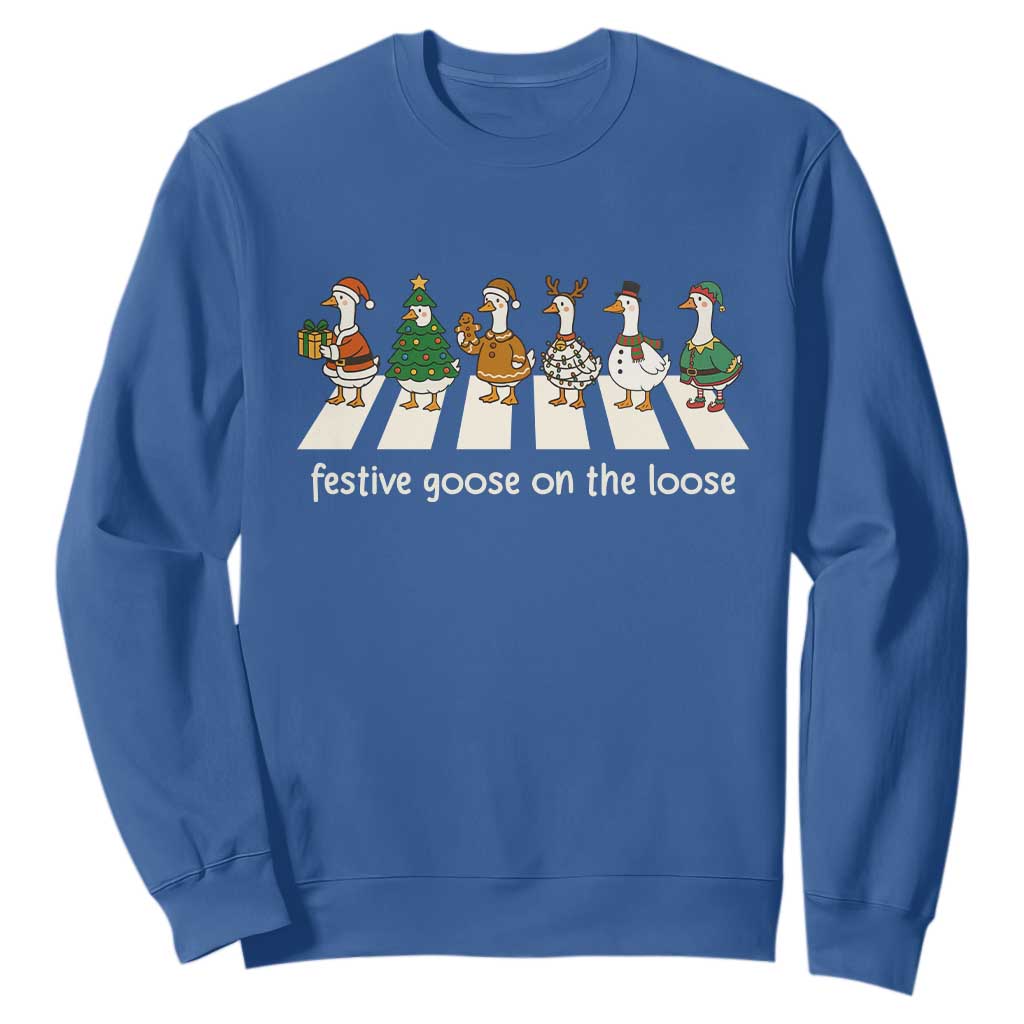 Funny Christmas Goose Sweatshirt Festive Goose On The Loose Xmas Meme TS10 Royal Blue Print Your Wear