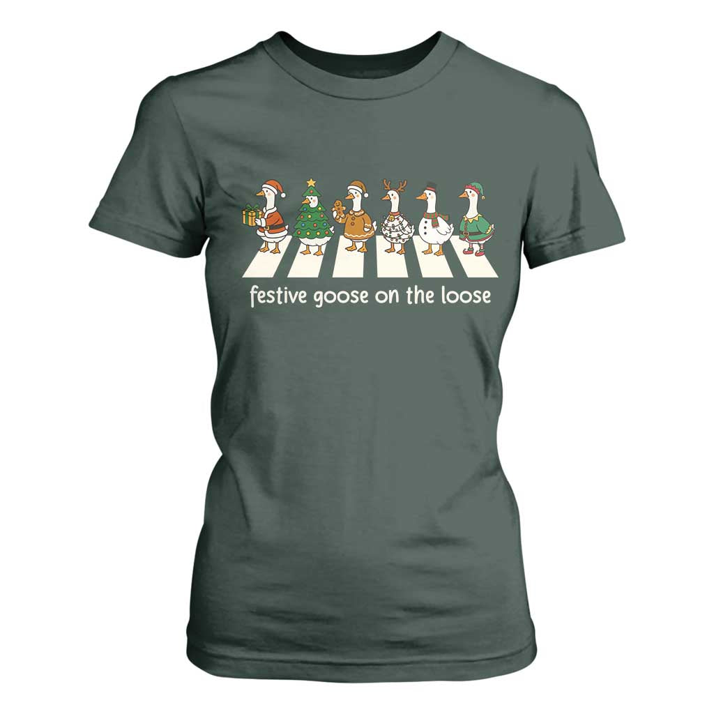 Funny Christmas Goose T Shirt For Women Festive Goose On The Loose Xmas Meme TS10 Dark Forest Green Print Your Wear
