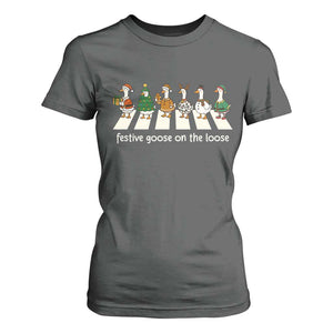 Funny Christmas Goose T Shirt For Women Festive Goose On The Loose Xmas Meme TS10 Dark Heather Print Your Wear