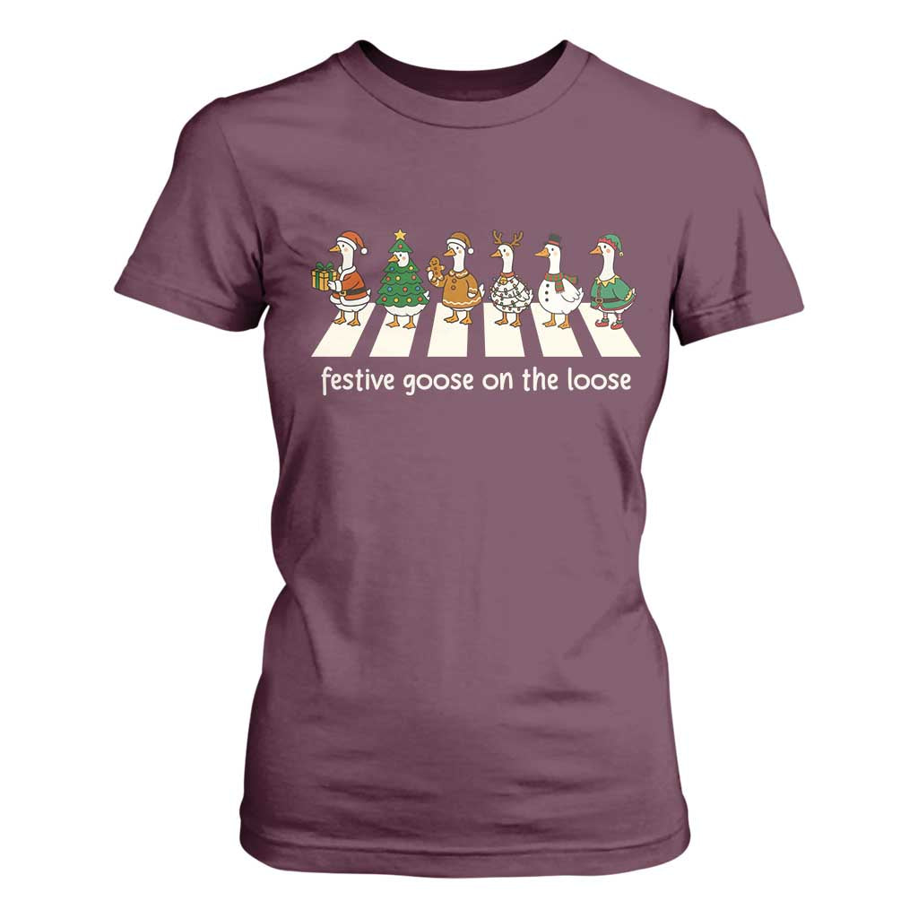 Funny Christmas Goose T Shirt For Women Festive Goose On The Loose Xmas Meme TS10 Maroon Print Your Wear