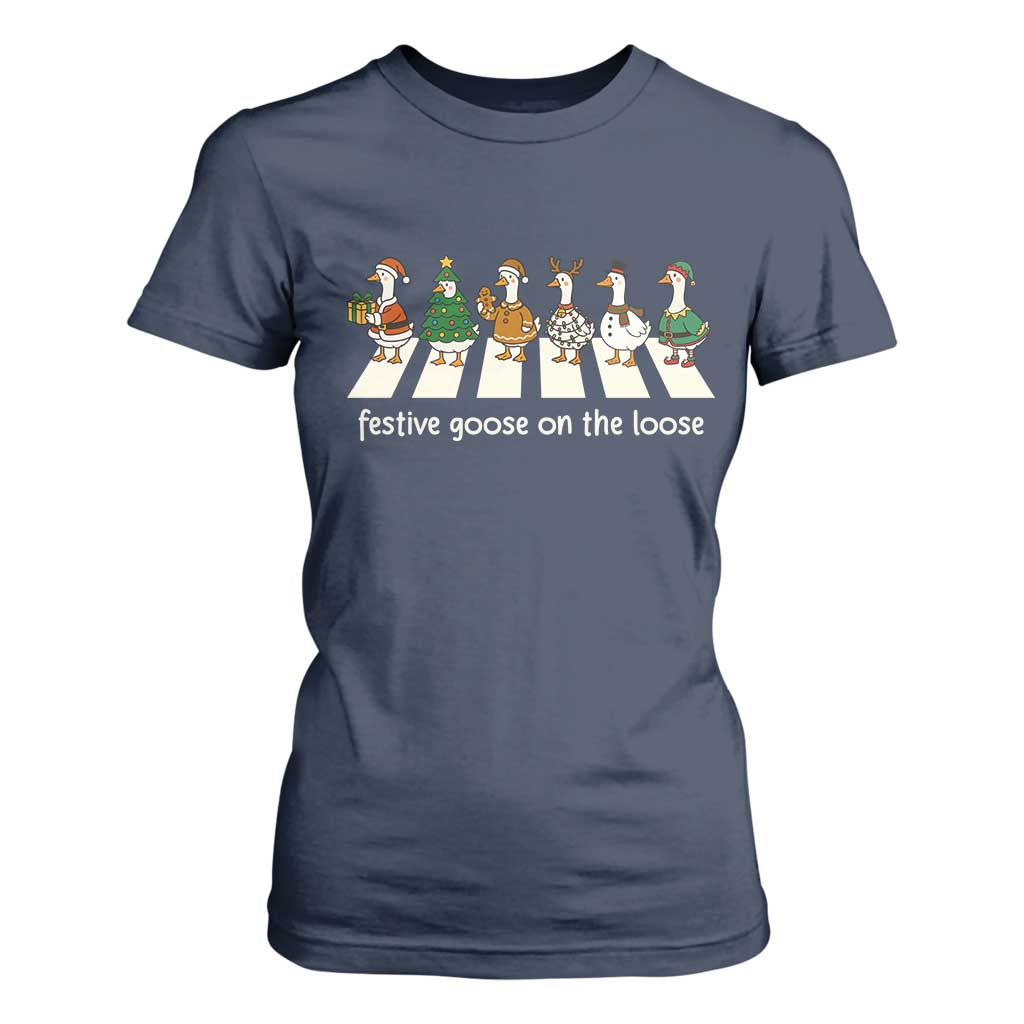 Funny Christmas Goose T Shirt For Women Festive Goose On The Loose Xmas Meme TS10 Navy Print Your Wear