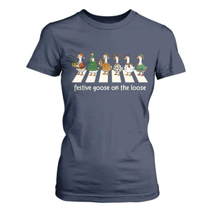 Funny Christmas Goose T Shirt For Women Festive Goose On The Loose Xmas Meme TS10 Navy Print Your Wear