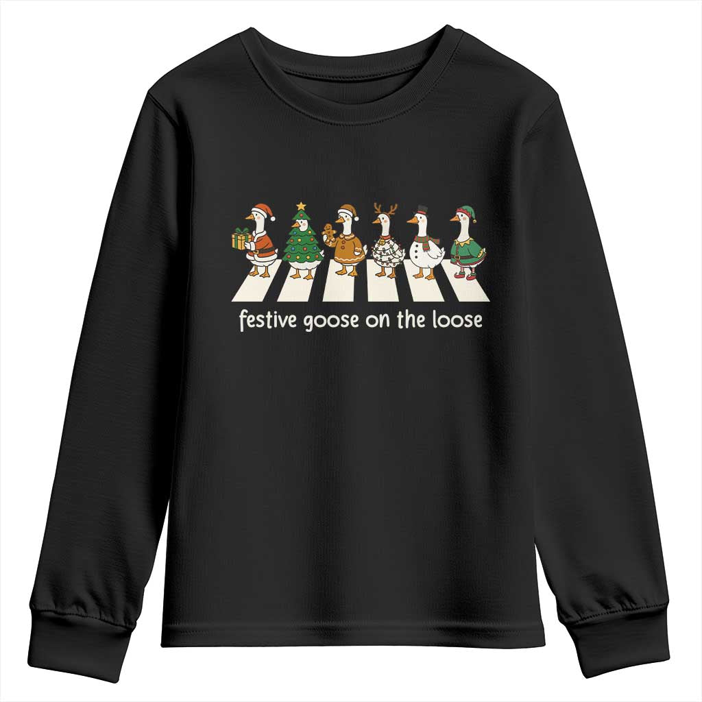 Funny Christmas Goose Youth Sweatshirt Festive Goose On The Loose Xmas Meme TS10 Black Print Your Wear