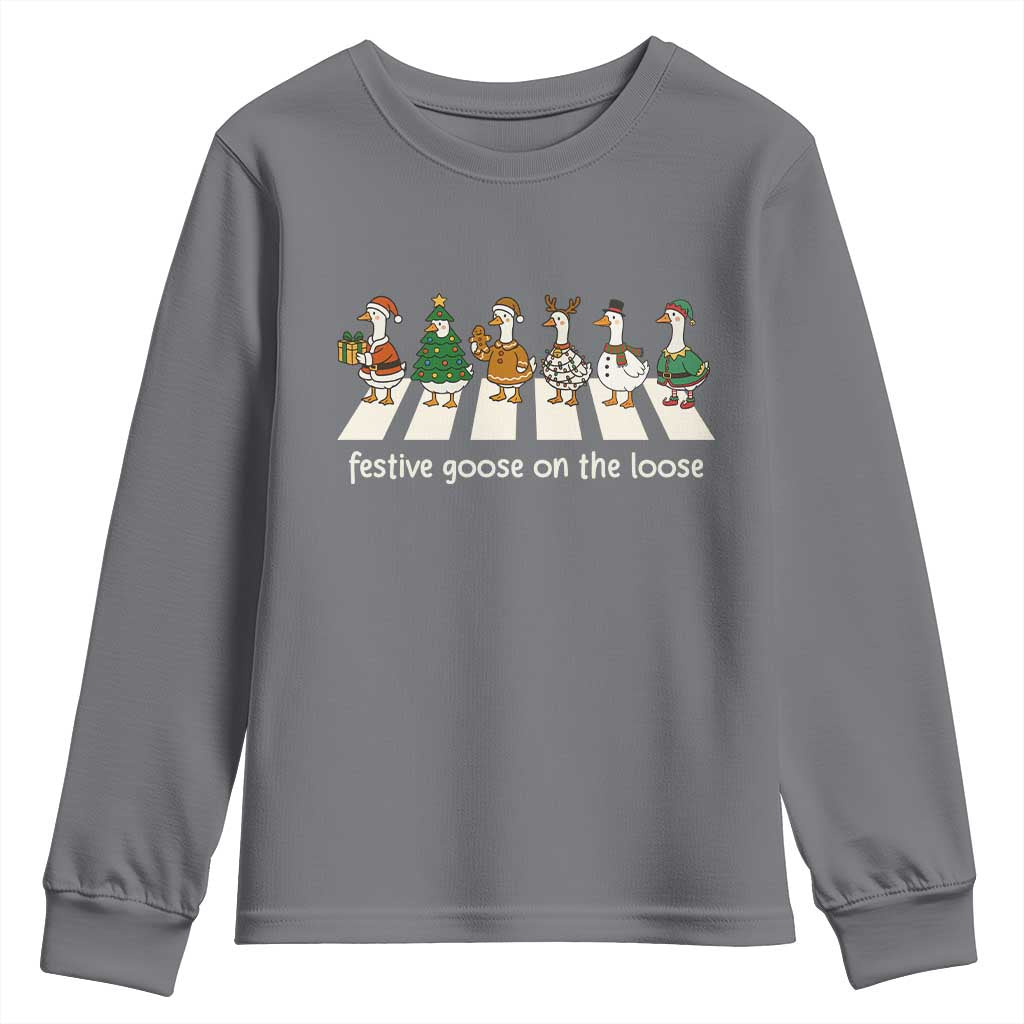 Funny Christmas Goose Youth Sweatshirt Festive Goose On The Loose Xmas Meme TS10 Charcoal Print Your Wear
