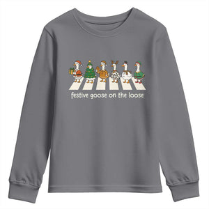 Funny Christmas Goose Youth Sweatshirt Festive Goose On The Loose Xmas Meme TS10 Charcoal Print Your Wear