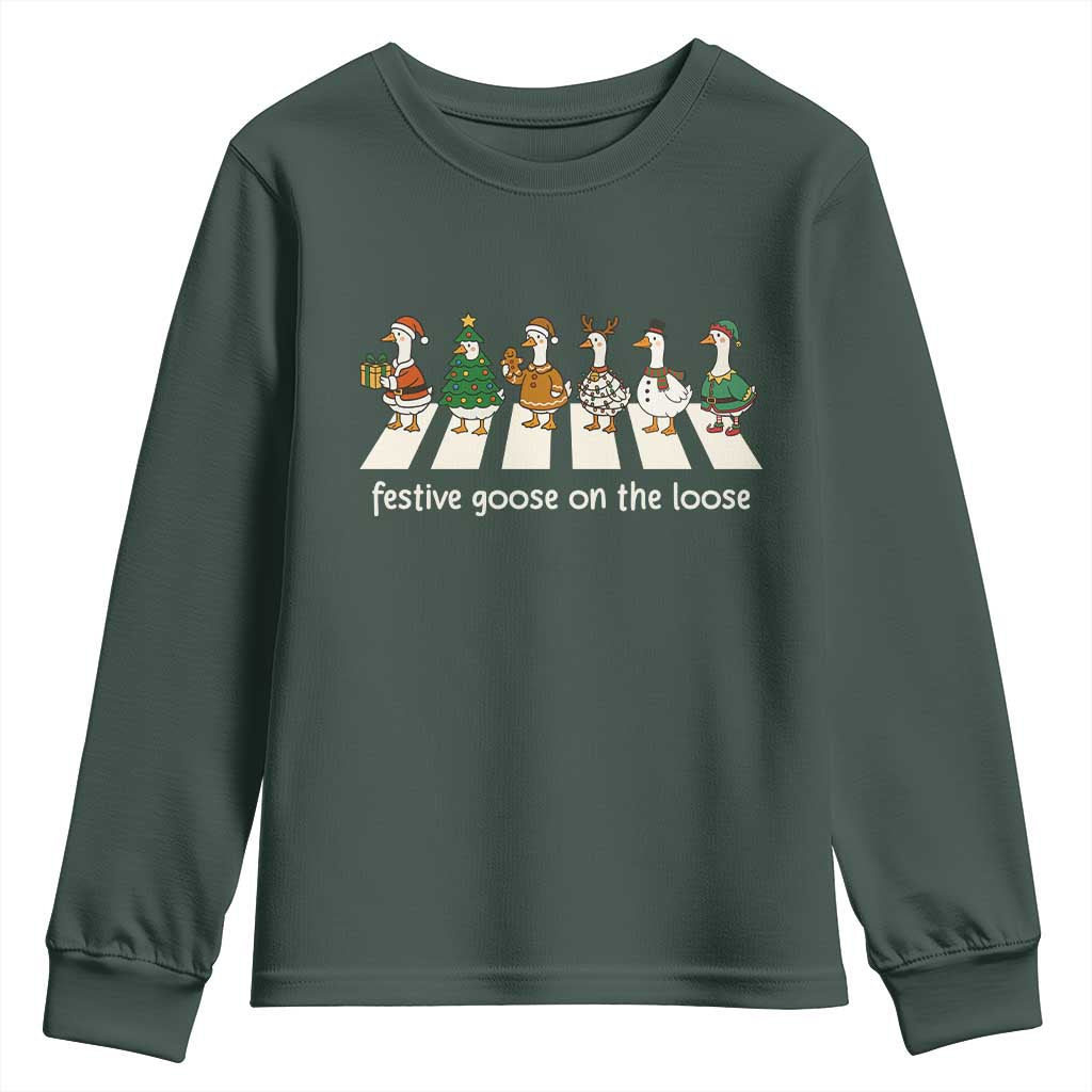 Funny Christmas Goose Youth Sweatshirt Festive Goose On The Loose Xmas Meme TS10 Dark Forest Green Print Your Wear