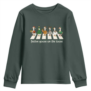 Funny Christmas Goose Youth Sweatshirt Festive Goose On The Loose Xmas Meme TS10 Dark Forest Green Print Your Wear