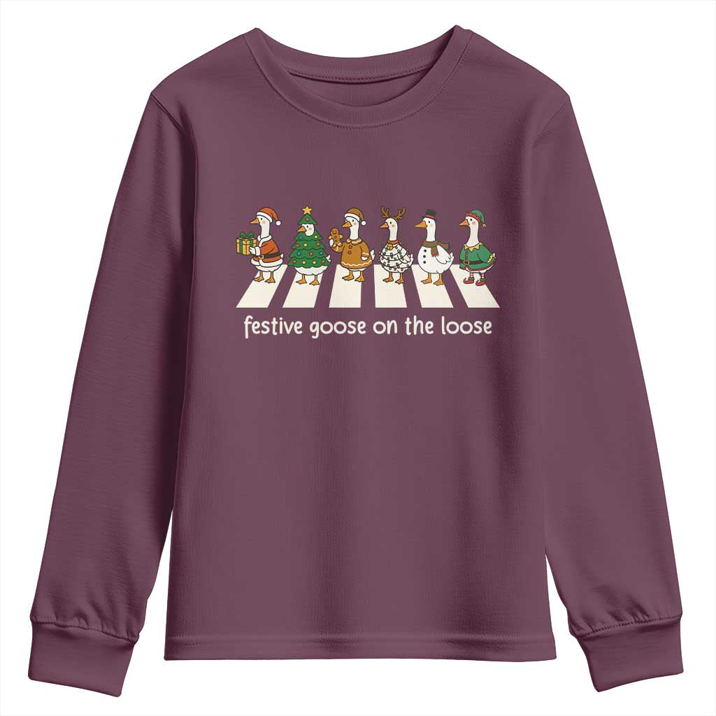 Funny Christmas Goose Youth Sweatshirt Festive Goose On The Loose Xmas Meme TS10 Maroon Print Your Wear