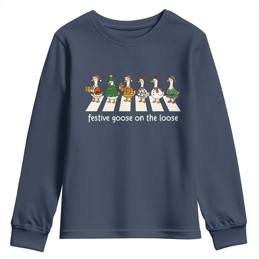 Funny Christmas Goose Youth Sweatshirt Festive Goose On The Loose Xmas Meme TS10 Navy Print Your Wear