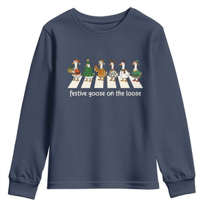 Funny Christmas Goose Youth Sweatshirt Festive Goose On The Loose Xmas Meme TS10 Navy Print Your Wear