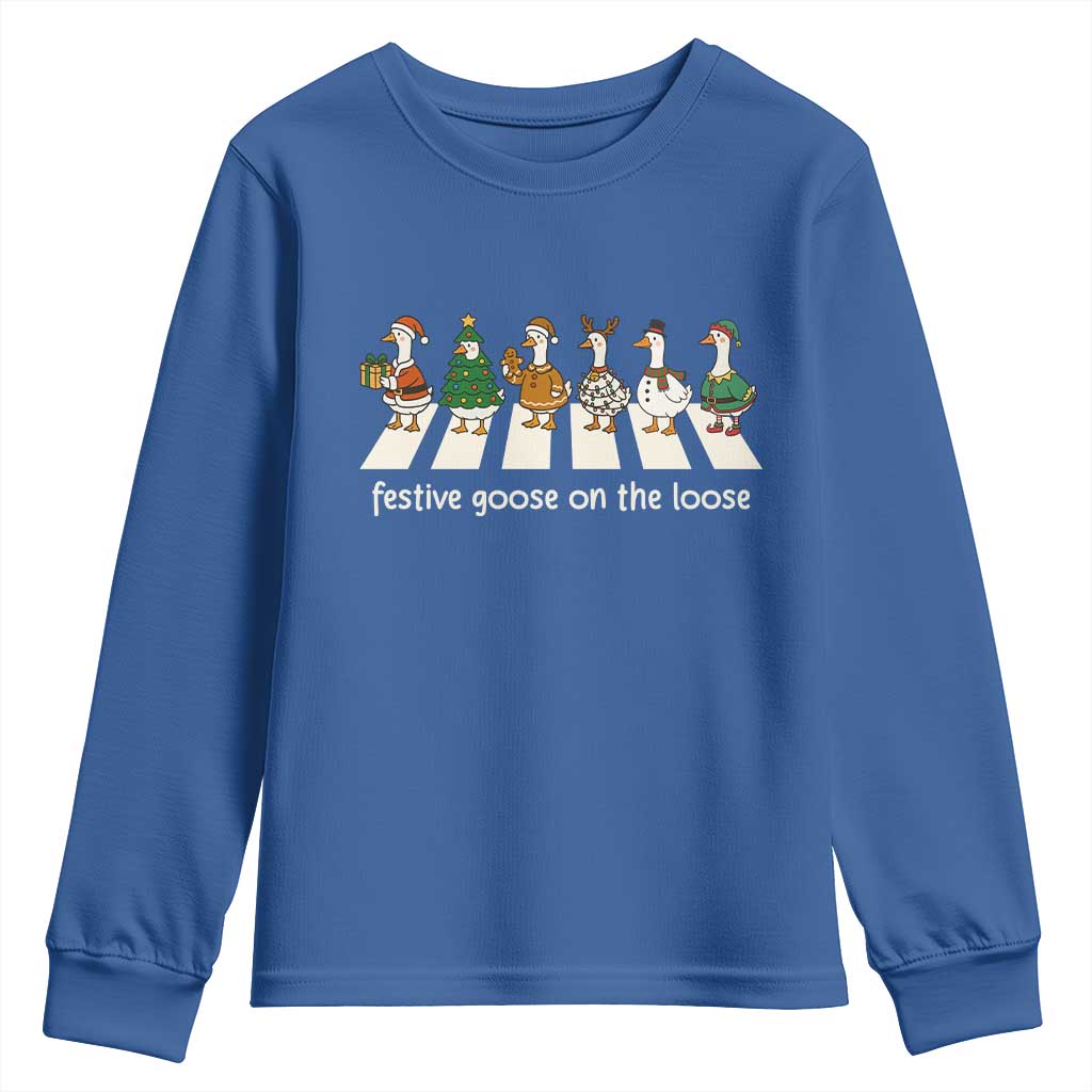Funny Christmas Goose Youth Sweatshirt Festive Goose On The Loose Xmas Meme TS10 Royal Blue Print Your Wear
