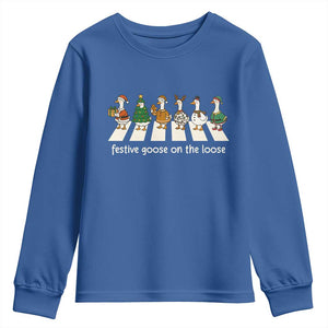 Funny Christmas Goose Youth Sweatshirt Festive Goose On The Loose Xmas Meme TS10 Royal Blue Print Your Wear