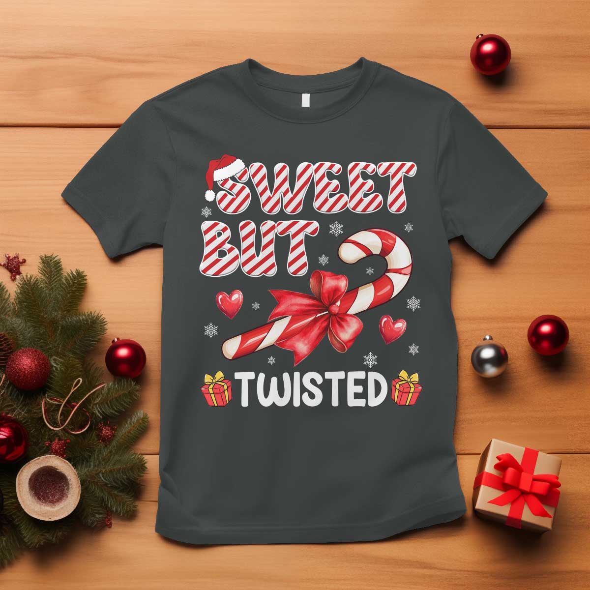 Funny Christmas T Shirt Sweet But Twisted Candy Cane Xmas Holiday TS10 Dark Heather Print Your Wear