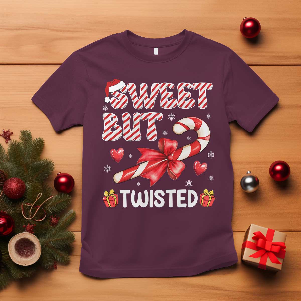 Funny Christmas T Shirt Sweet But Twisted Candy Cane Xmas Holiday TS10 Maroon Print Your Wear