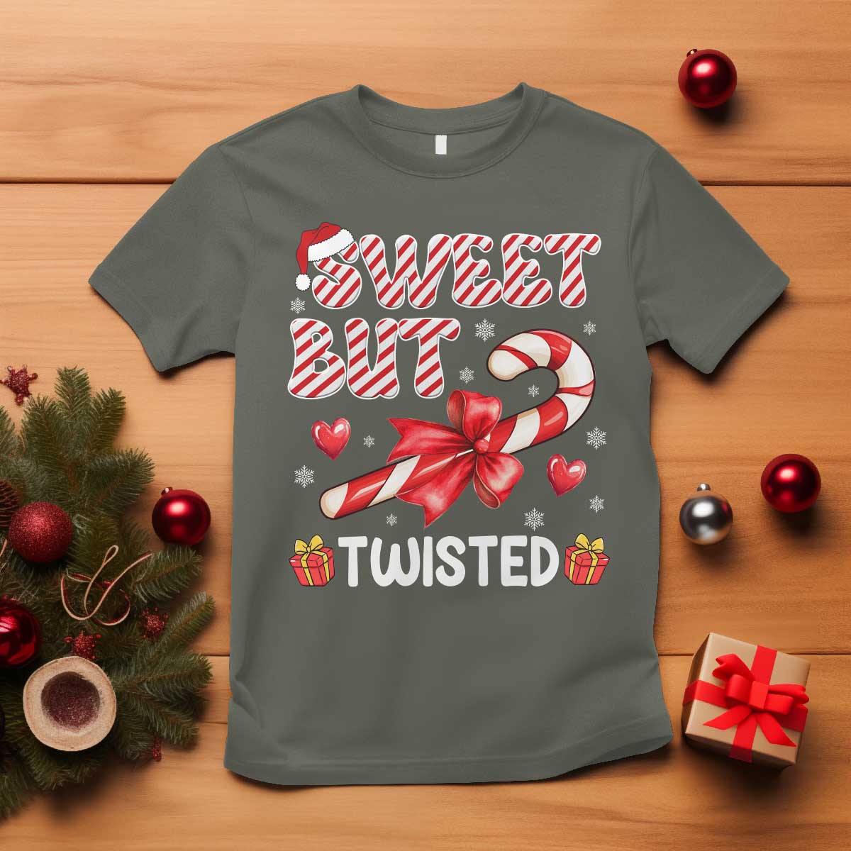 Funny Christmas T Shirt Sweet But Twisted Candy Cane Xmas Holiday TS10 Military Green Print Your Wear