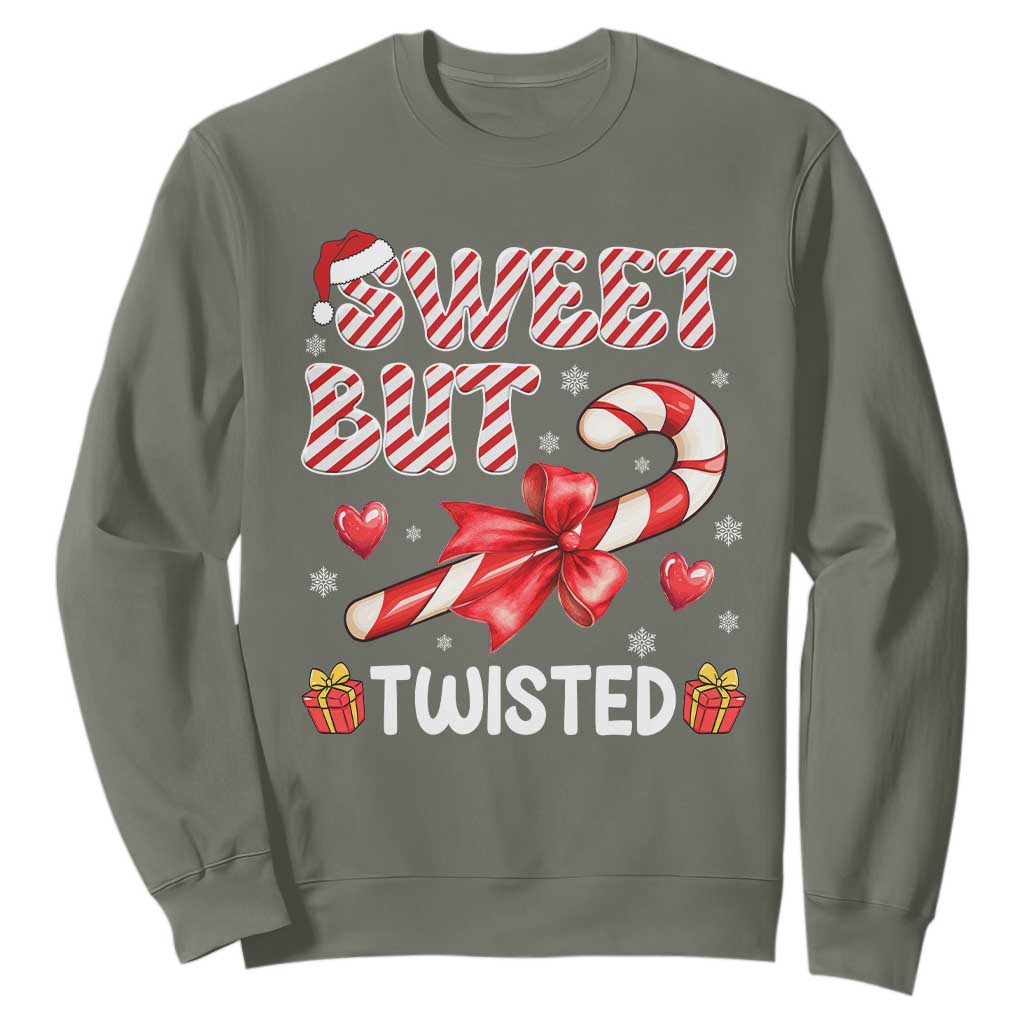 Funny Christmas Sweatshirt Sweet But Twisted Candy Cane Xmas Holiday TS10 Military Green Print Your Wear