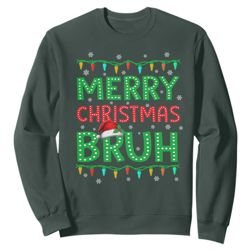Merry Christmas Bruh Sweatshirt Meme Funny Saying Bro Greeting TS10 Dark Forest Green Print Your Wear