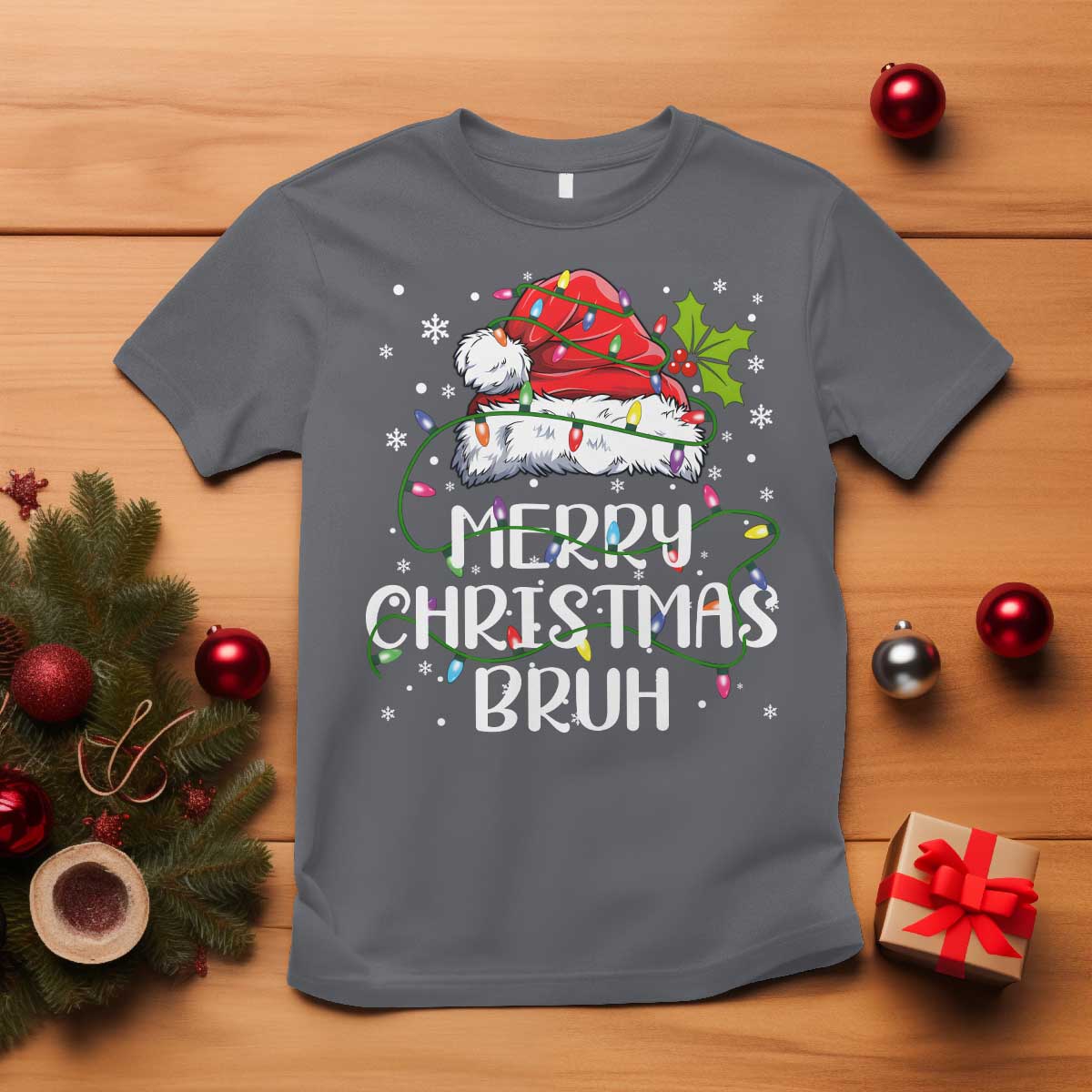 Merry Christmas Bruh T Shirt Funny Saying Santa Claus Christmas Lights Pajama TS10 Charcoal Print Your Wear