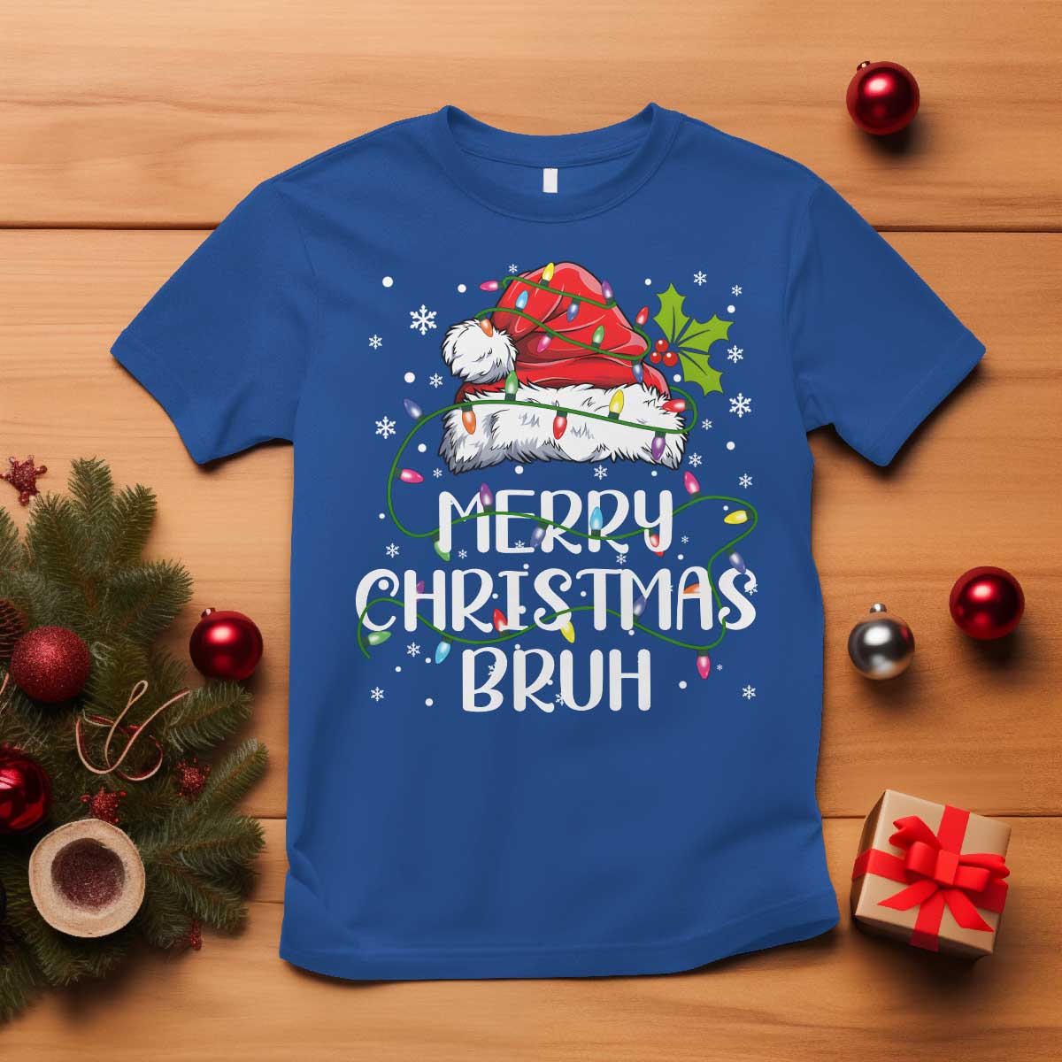 Merry Christmas Bruh T Shirt Funny Saying Santa Claus Christmas Lights Pajama TS10 Royal Blue Print Your Wear