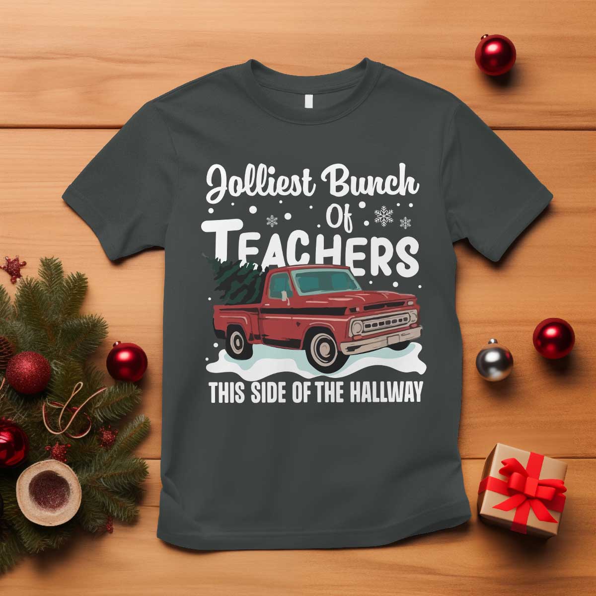 Teacher Christmas T Shirt Vintage Jolliest Bunch Of Teachers This Side Of The Hallway TS10 Dark Heather Print Your Wear