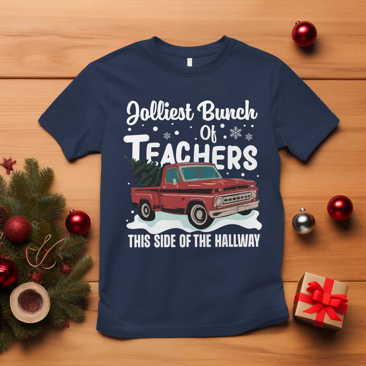 Teacher Christmas T Shirt Vintage Jolliest Bunch Of Teachers This Side Of The Hallway TS10 Navy Print Your Wear
